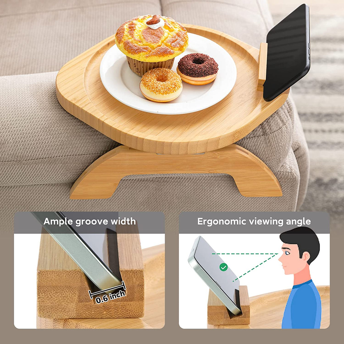 Couch Arm Table, Bamboo round Sofa Clip on Tray with 360° Phone Holder,Foldable Couch Armrest Table Eating on Chair Recliner for Snack Drink