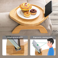 Couch Arm Table, Bamboo round Sofa Clip on Tray with 360° Phone Holder,Foldable Couch Armrest Table Eating on Chair Recliner for Snack Drink