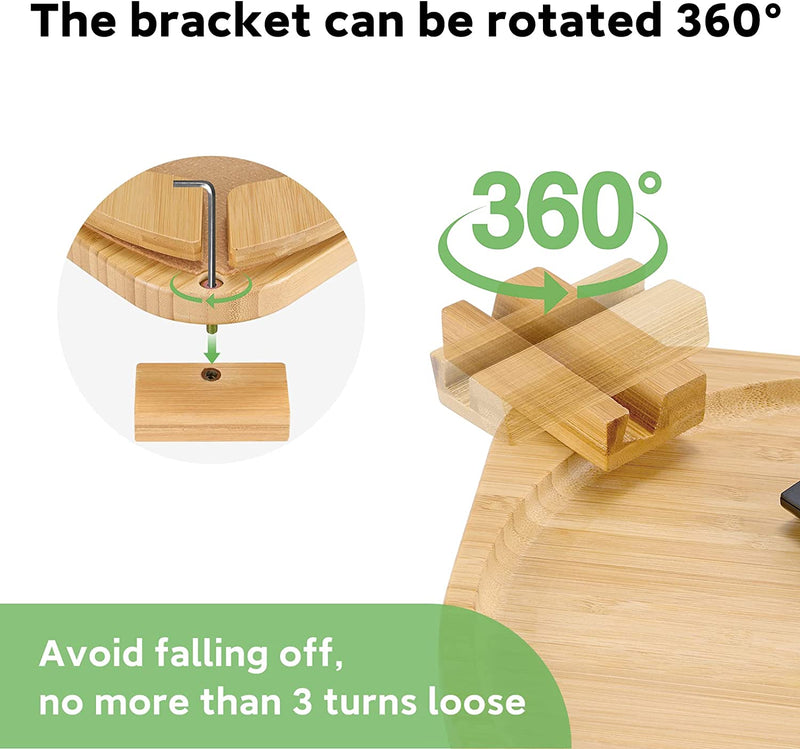 Couch Arm Table, Bamboo round Sofa Clip on Tray with 360° Phone Holder,Foldable Couch Armrest Table Eating on Chair Recliner for Snack Drink