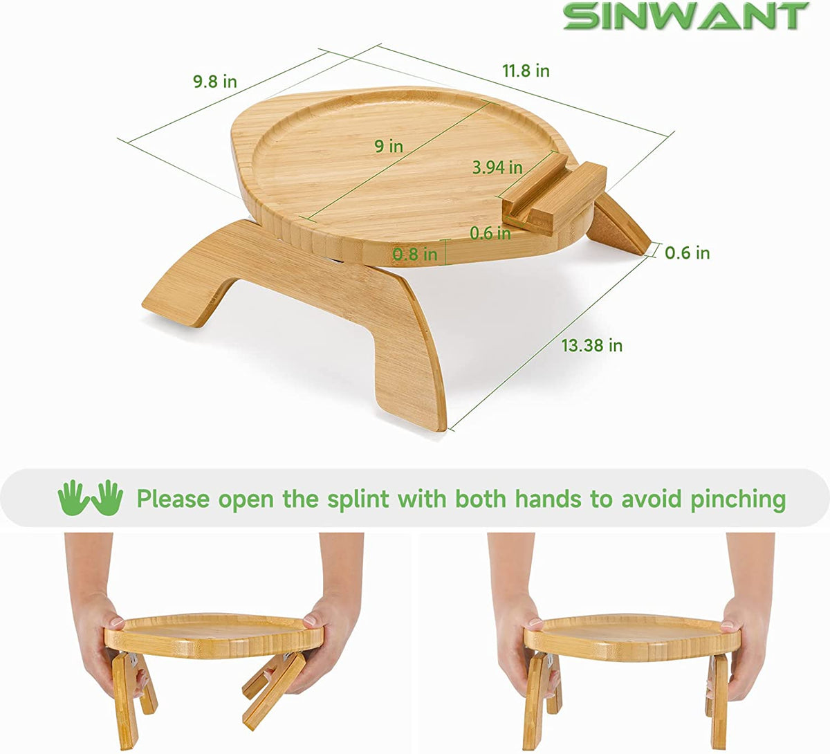 Couch Arm Table, Bamboo round Sofa Clip on Tray with 360° Phone Holder,Foldable Couch Armrest Table Eating on Chair Recliner for Snack Drink