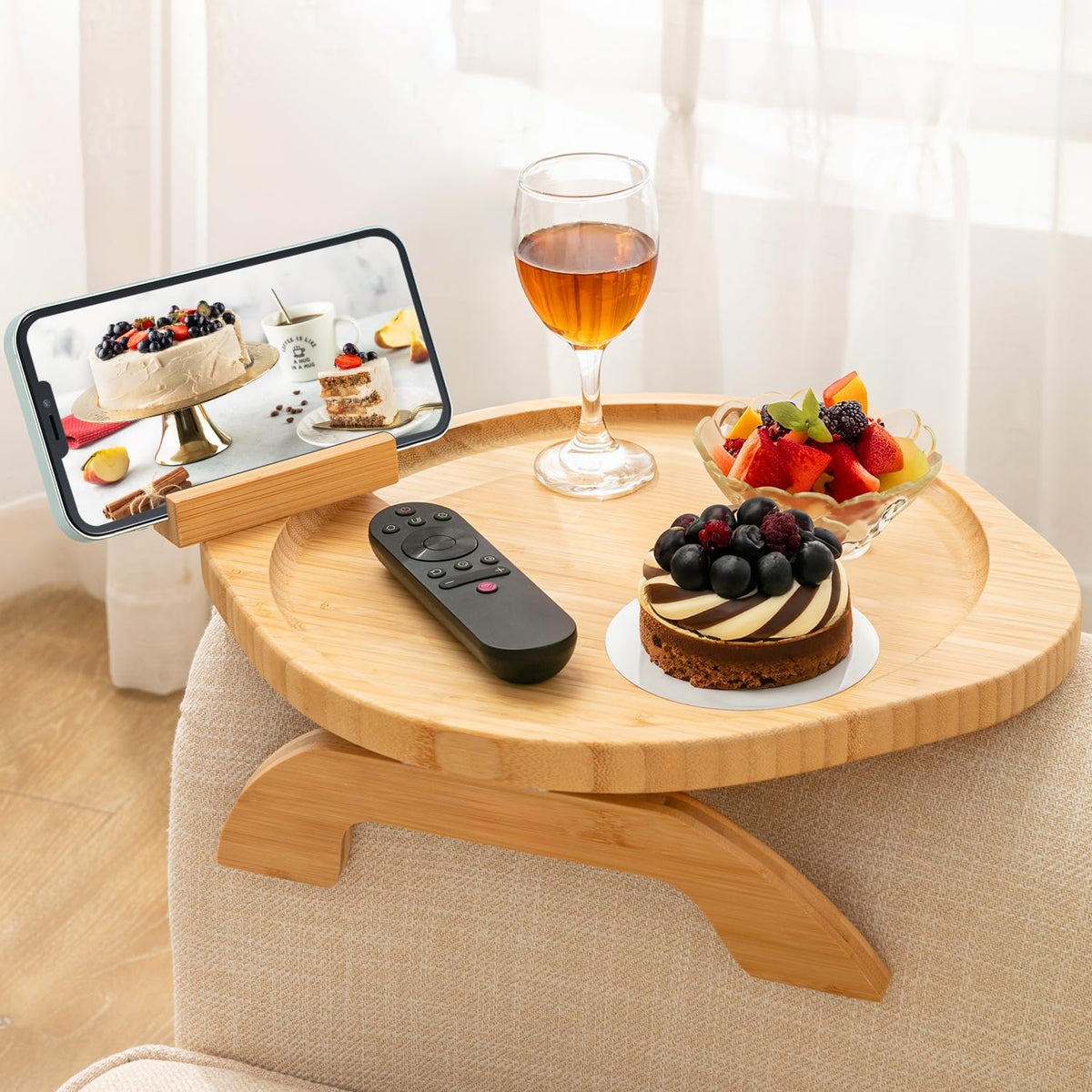 Couch Arm Table, Bamboo round Sofa Clip on Tray with 360° Phone Holder,Foldable Couch Armrest Table Eating on Chair Recliner for Snack Drink