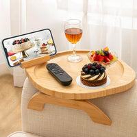 Couch Arm Table, Bamboo round Sofa Clip on Tray with 360° Phone Holder,Foldable Couch Armrest Table Eating on Chair Recliner for Snack Drink