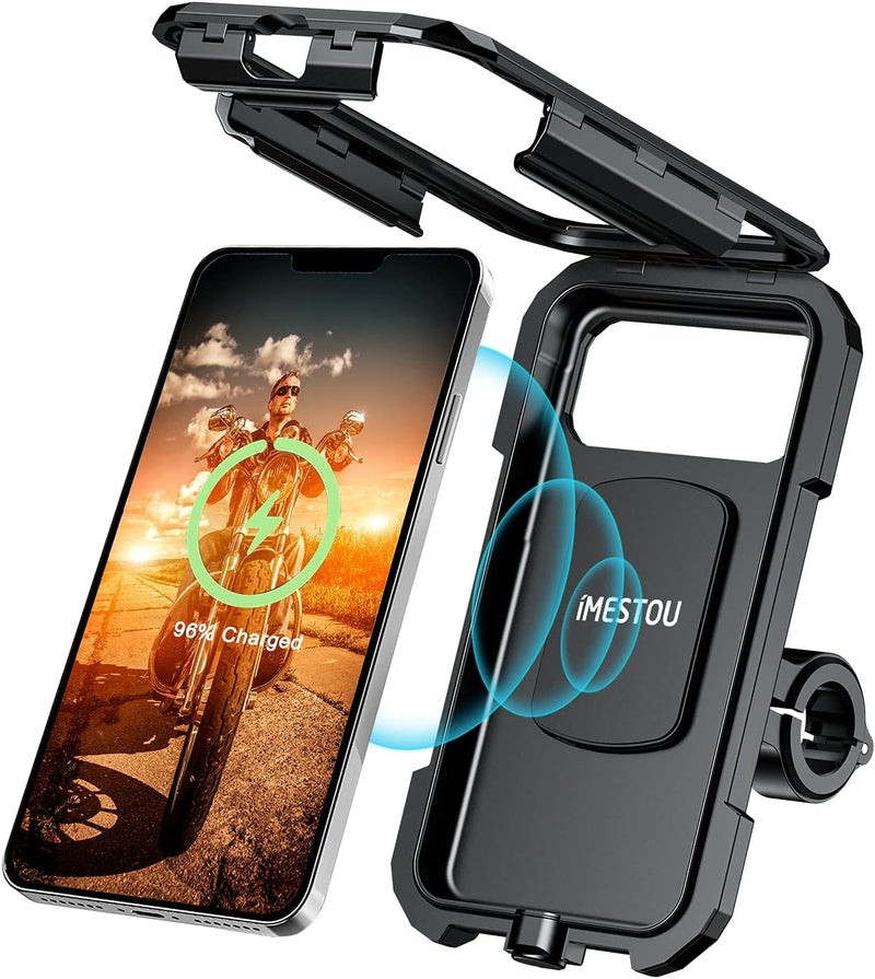 Waterproof IP67 Motorcycle Phone (4.7"-6.1") Mount Wireless/Usb C Charger Handlebar Cellphone Holder 360 Rotation Work by Wiring to 12/24V Vehicles or Plugging to USB a Sockets