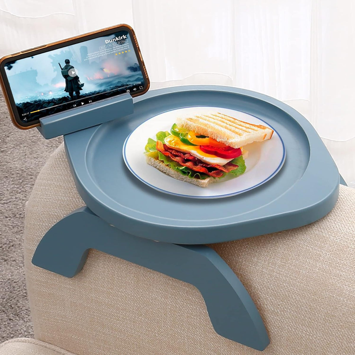 Couch Arm Table, Bamboo round Sofa Clip on Tray with 360° Phone Holder,Foldable Couch Armrest Table Eating on Chair Recliner for Snack Drink