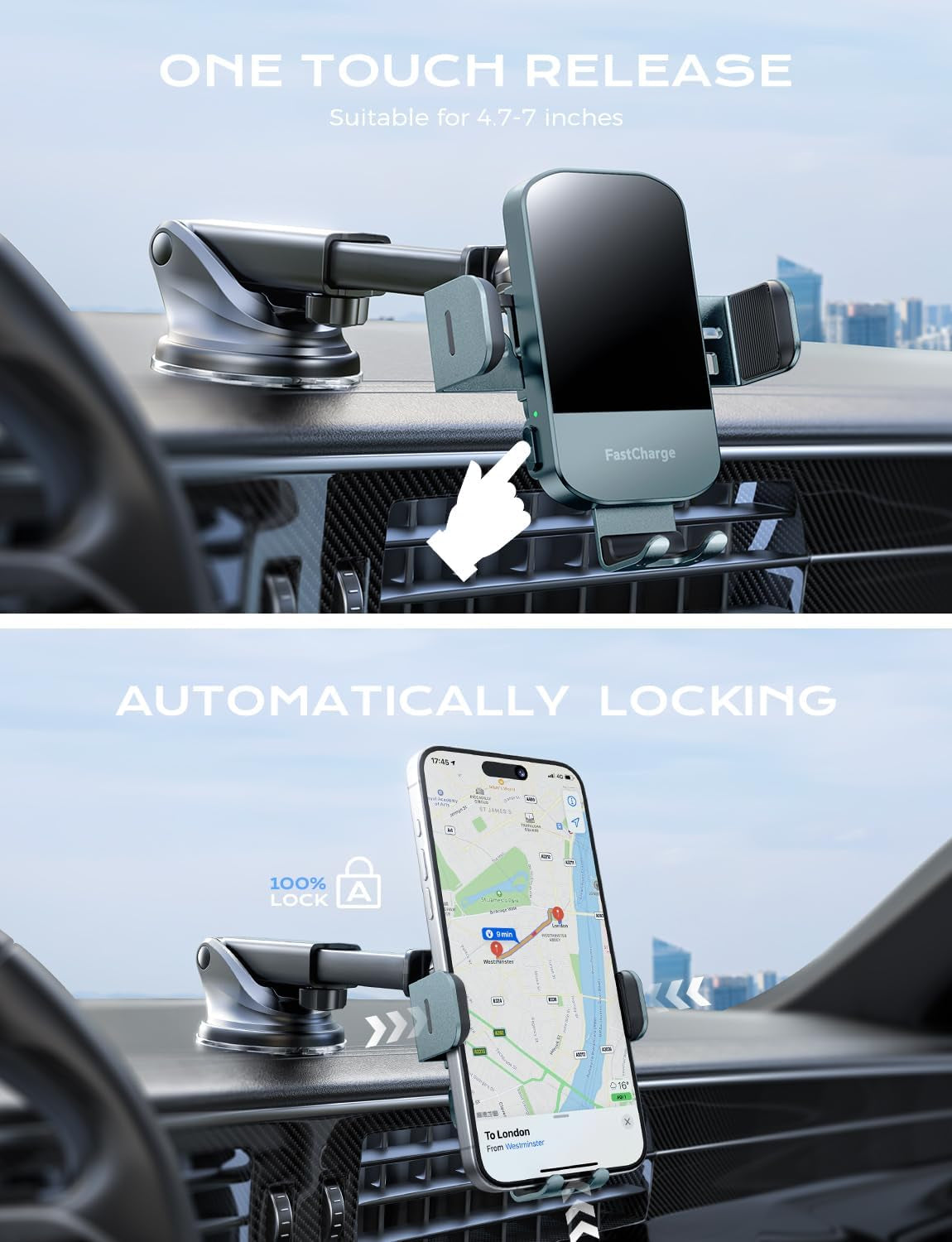 Wireless Car Charger, 15W Fast Charging Auto Clamping Car Charger Phone Mount Phone Holder Fit for Iphone 15 14 13 12 11 Pro Max Xs, Samsung Galaxy S25 Ultra S24 S23 S22, S21, S20, Green