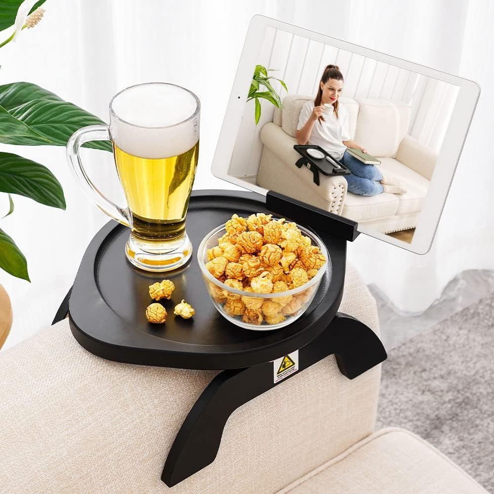Couch Arm Table, Bamboo round Sofa Clip on Tray with 360° Phone Holder,Foldable Couch Armrest Table Eating on Chair Recliner for Snack Drink