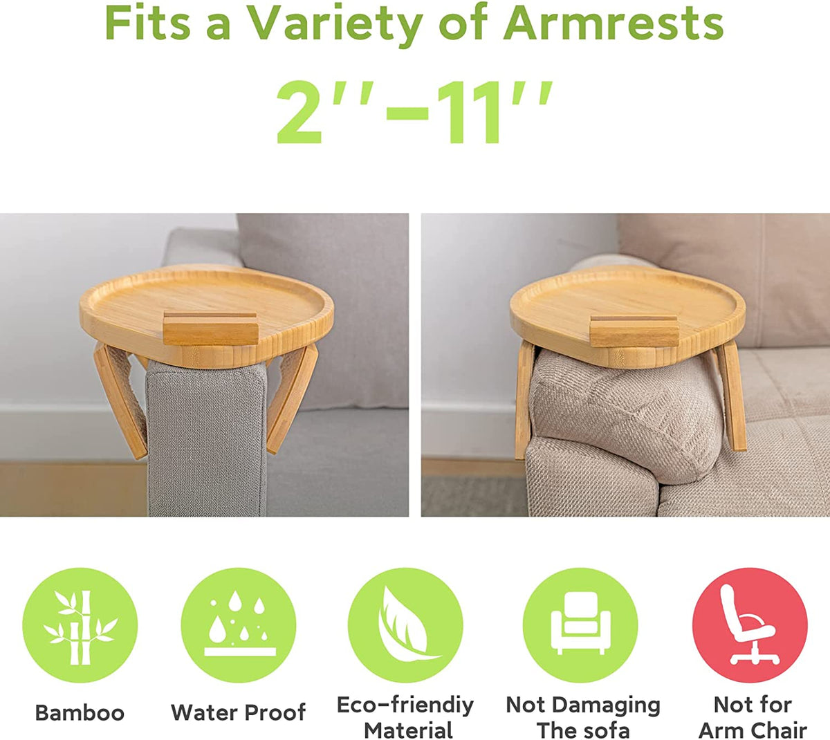 Couch Arm Table, Bamboo round Sofa Clip on Tray with 360° Phone Holder,Foldable Couch Armrest Table Eating on Chair Recliner for Snack Drink