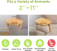 Couch Arm Table, Bamboo round Sofa Clip on Tray with 360° Phone Holder,Foldable Couch Armrest Table Eating on Chair Recliner for Snack Drink