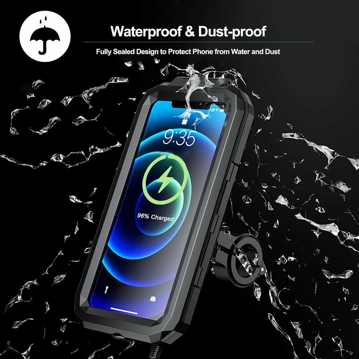 Waterproof IP67 Motorcycle Phone (4.7"-6.1") Mount Wireless/Usb C Charger Handlebar Cellphone Holder 360 Rotation Work by Wiring to 12/24V Vehicles or Plugging to USB a Sockets