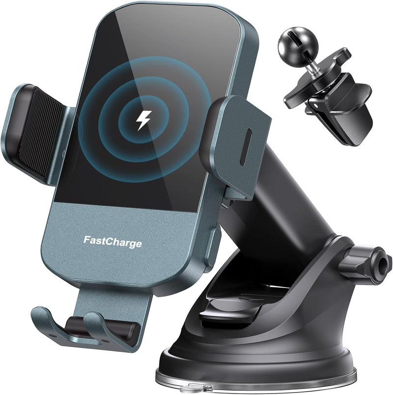 Wireless Car Charger, 15W Fast Charging Auto Clamping Car Charger Phone Mount Phone Holder Fit for Iphone 15 14 13 12 11 Pro Max Xs, Samsung Galaxy S25 Ultra S24 S23 S22, S21, S20, Green