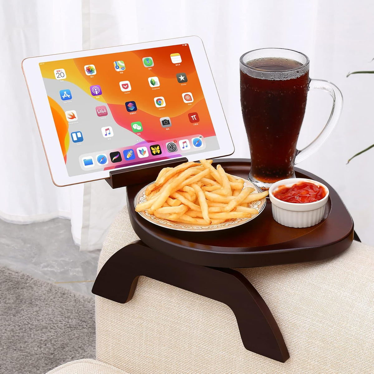 Couch Arm Table, Bamboo round Sofa Clip on Tray with 360° Phone Holder,Foldable Couch Armrest Table Eating on Chair Recliner for Snack Drink