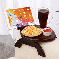 Couch Arm Table, Bamboo round Sofa Clip on Tray with 360° Phone Holder,Foldable Couch Armrest Table Eating on Chair Recliner for Snack Drink