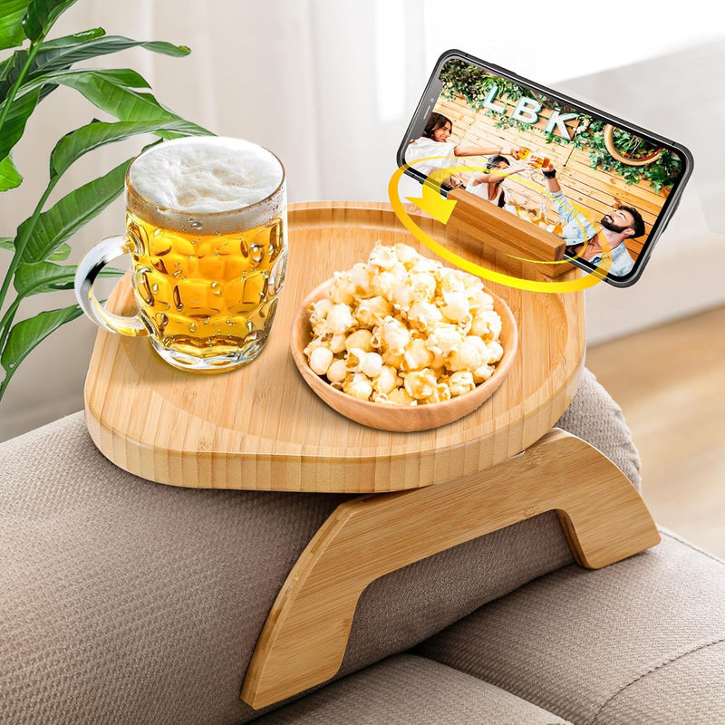 Couch Arm Table, Bamboo round Sofa Clip on Tray with 360° Phone Holder,Foldable Couch Armrest Table Eating on Chair Recliner for Snack Drink