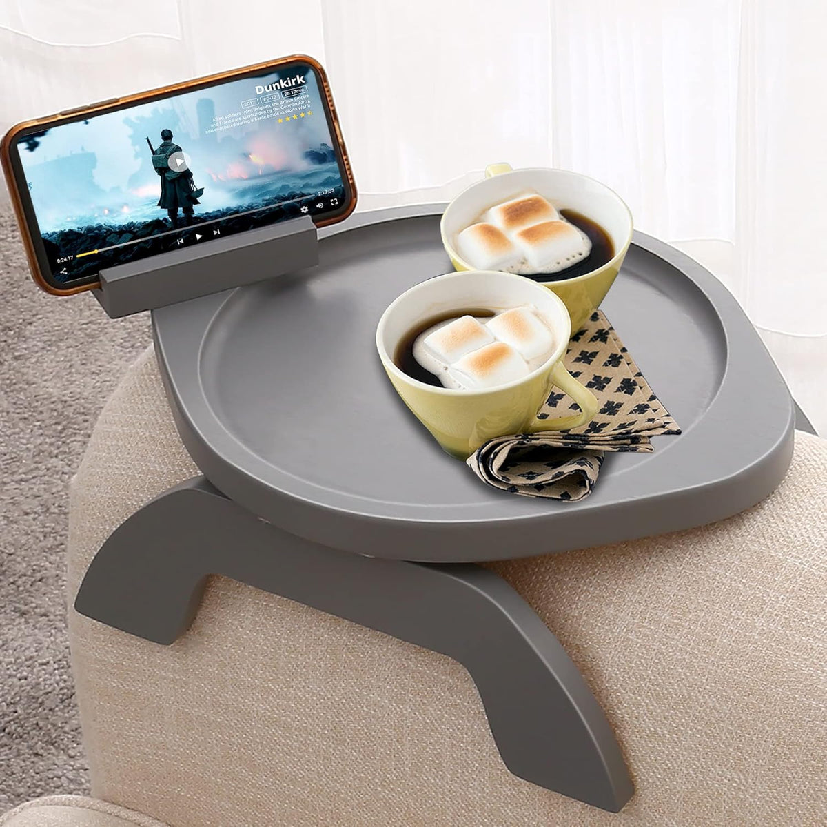 Couch Arm Table, Bamboo round Sofa Clip on Tray with 360° Phone Holder,Foldable Couch Armrest Table Eating on Chair Recliner for Snack Drink