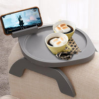 Couch Arm Table, Bamboo round Sofa Clip on Tray with 360° Phone Holder,Foldable Couch Armrest Table Eating on Chair Recliner for Snack Drink